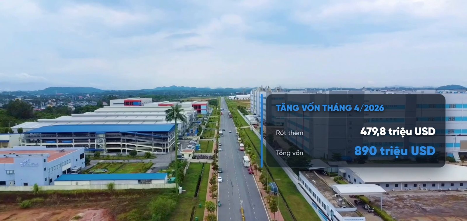 Nhà xưởng BYD trong Khu công nghiệp Phú Hà nhìn từ trên cao, kèm bảng tăng vốn tháng 4/2026 thêm 479,8 triệu USD, tổng vốn 890 triệu USD