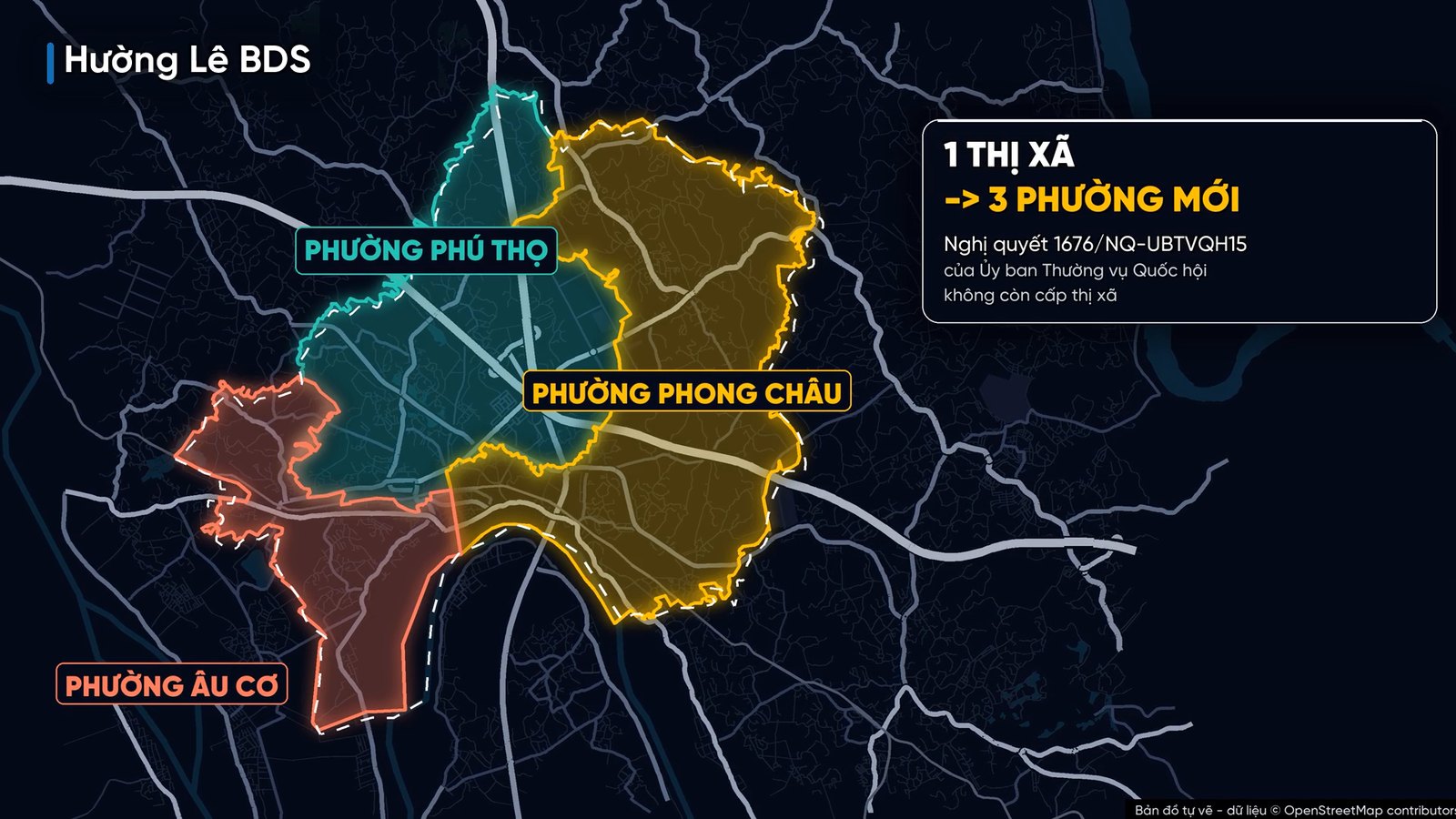 Bản đồ thị xã Phú Thọ cũ thành 3 phường mới: phường Phú Thọ, phường Phong Châu và phường Âu Cơ theo Nghị quyết 1676